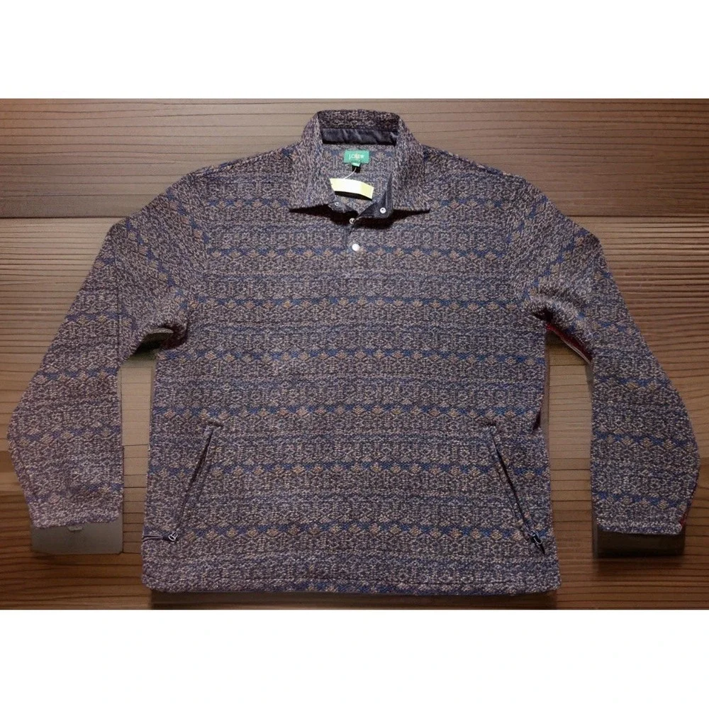 NWT J Crew Wool Blend 1/4 Snap Collar Sweater Fleece Jacket XL Blue Brown